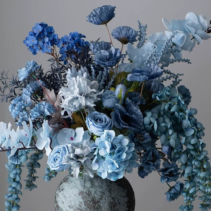 ValarFlower Dusty Blue Artificial Flower Arrangement, Elegant Vase Floral Decor with Roses, Hydrangeas and Orchids VB-273