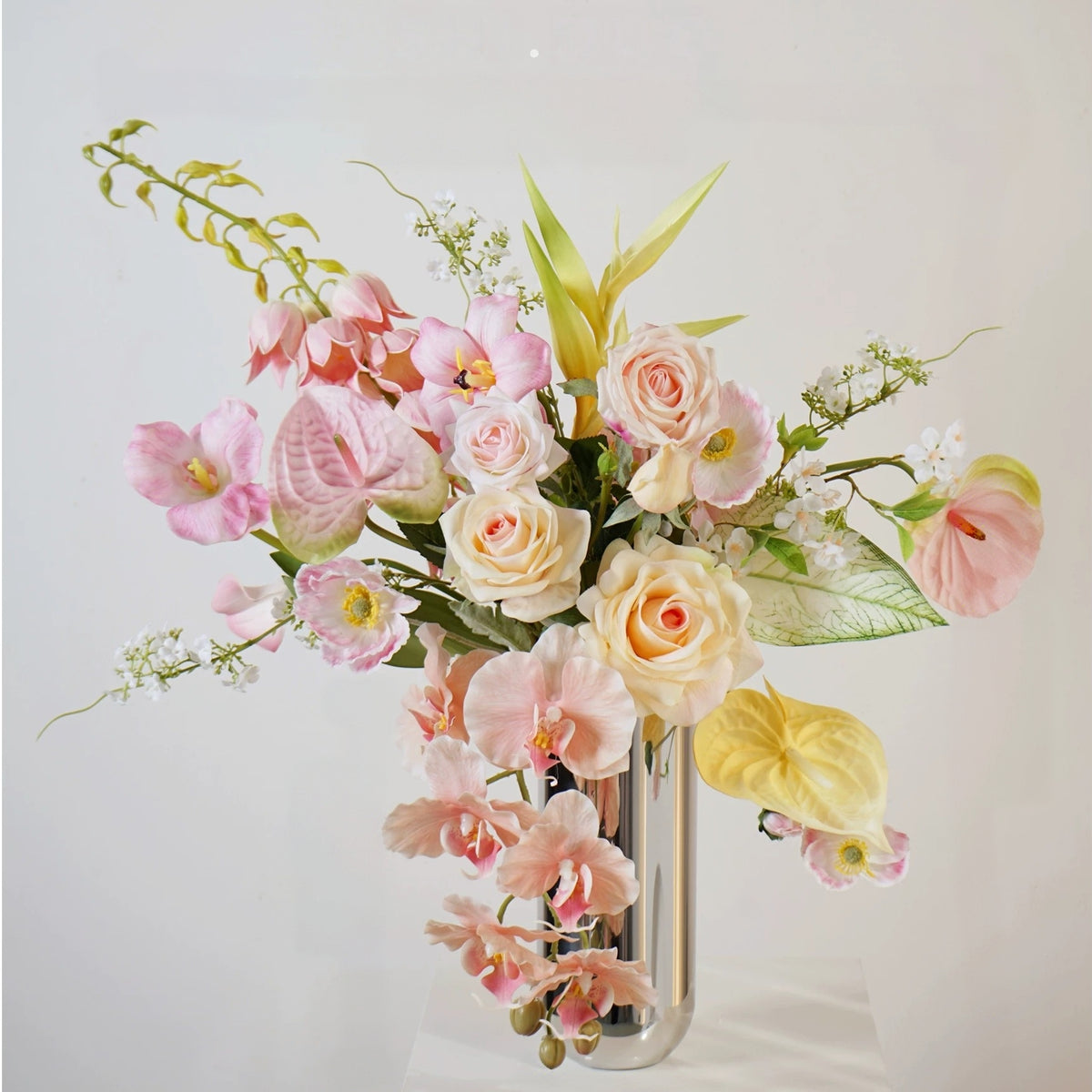 ValarFlower Pink Cream Artificial Floral Arrangement, Elegant Orchid and Rose Flower Decor for Wedding and Home VB-275