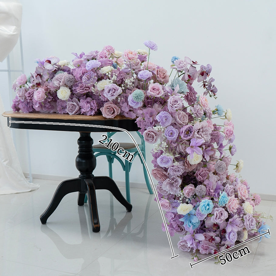 Corredor de mesa floral falso en tonos malva romántico y rubor, flores elegantes en cascada para ocasiones especiales FA-238