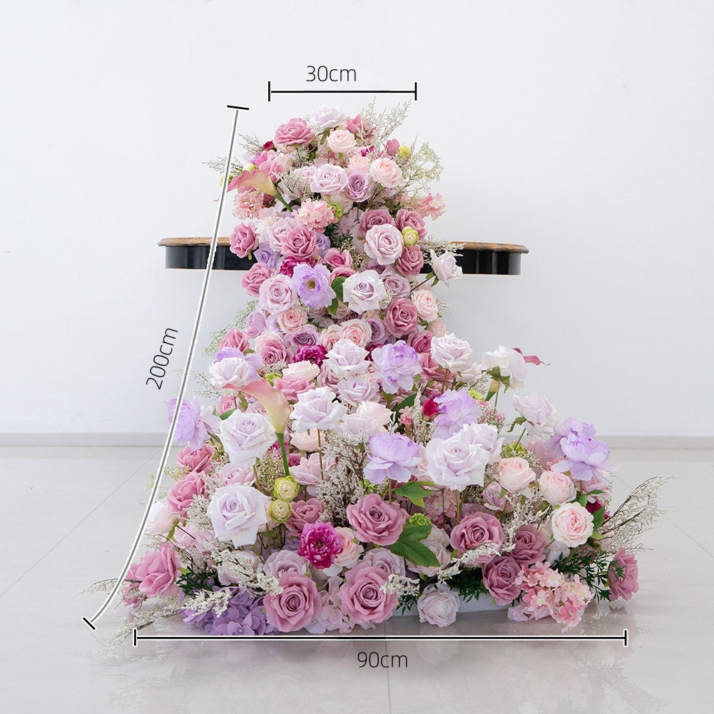 Corredor de mesa floral falso en tonos malva romántico y rubor, flores elegantes en cascada para ocasiones especiales FA-238