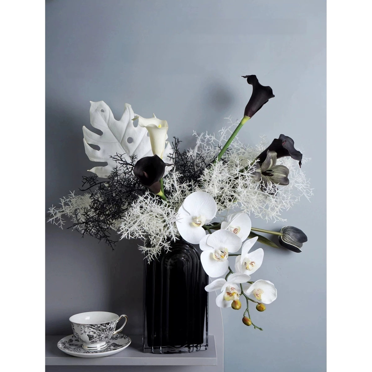 ValarFlower Black White Artificial Orchid Flower Arrangement, Modern Calla Lily Floral Decor for Wedding and Home VB-279