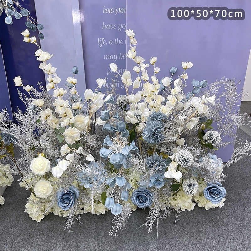 Valar Flower Smoky Blue Wedding Floral Set — Faux Flower Backdrop, Stage Decor, Aisle Runner & Ground Arrangements WF-106