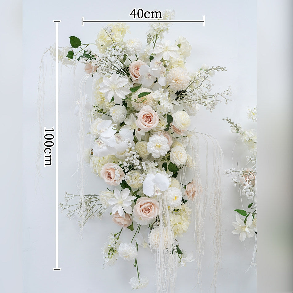 エレガントな青と白の花柄ウェディングアーチ、人工花のアレンジメント