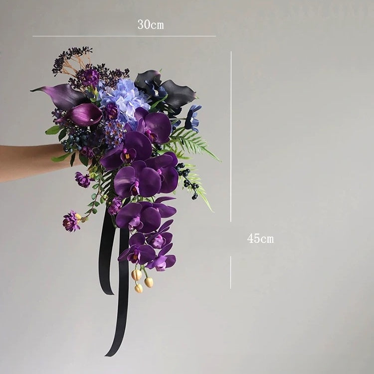 ValarFlower Artificial Bridal Bouquet, Cascading Purple Orchid Wedding Bouquet with Calla Lily & Blue Flowers for Bride Decor VB-319