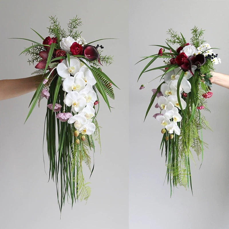 ValarFlower Artificial Bridal Bouquet, Cascading Greenery Wedding Bouquet with Orchid & Natural Style Faux Flowers for Bride Decor VB-320