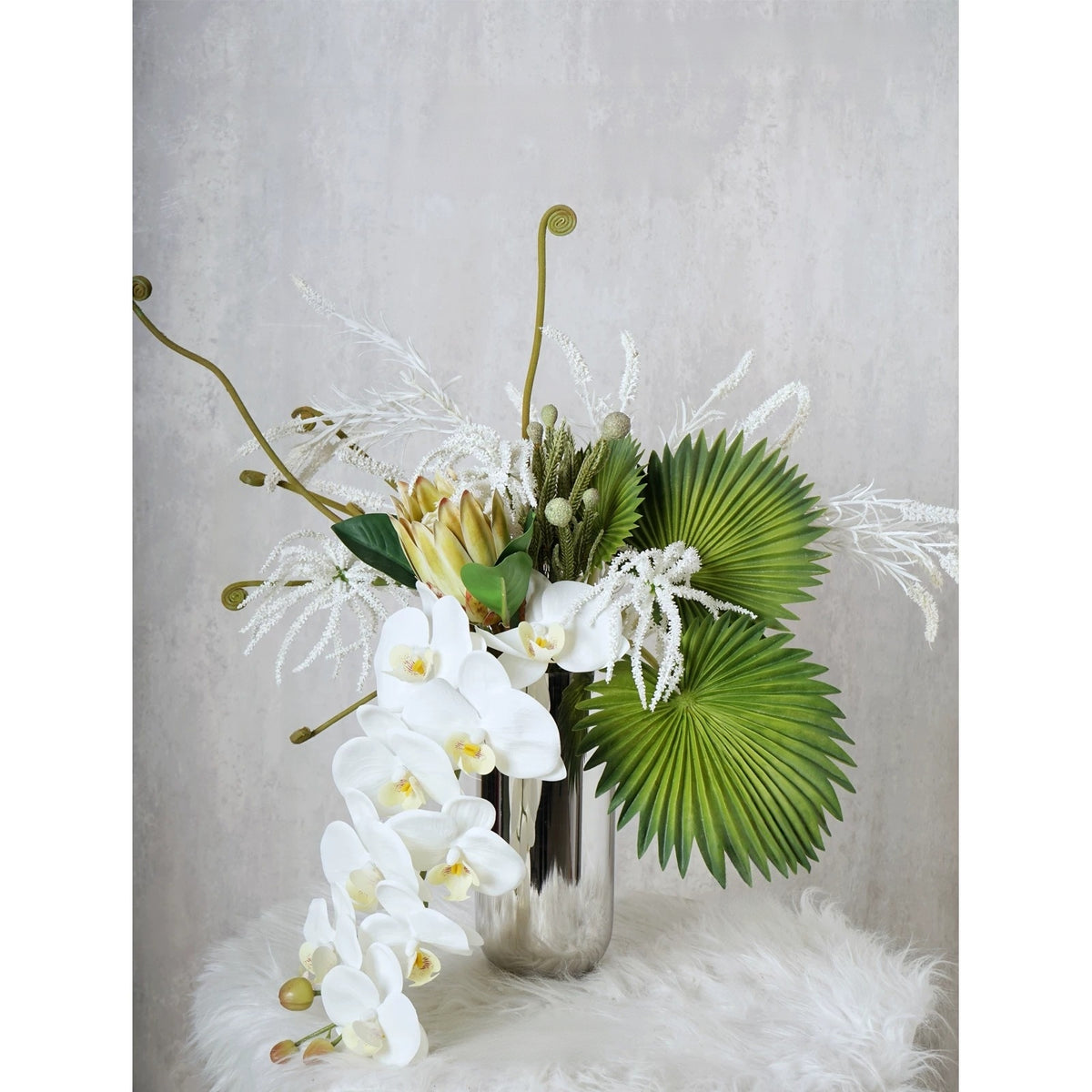 ValarFlower White Orchid Artificial Floral Arrangement, Modern Tropical Flower Decor with Green Palm Leaves VB-280