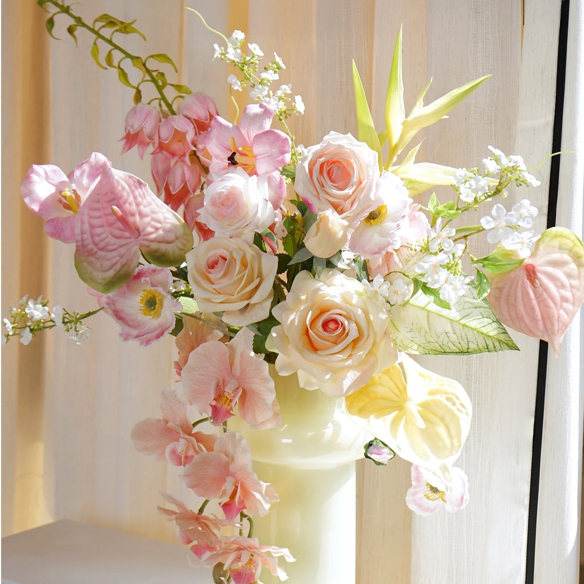 ValarFlower Pink Cream Artificial Floral Arrangement, Elegant Orchid and Rose Flower Decor for Wedding and Home VB-275