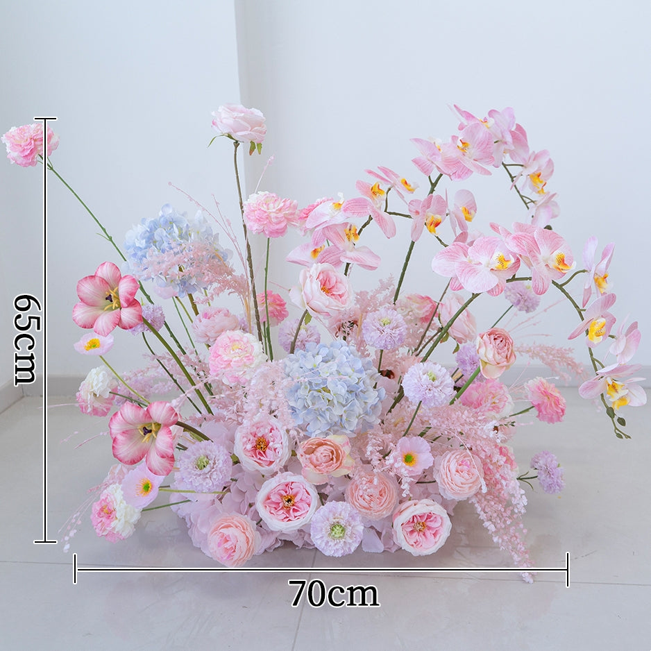 エレガントな青と白の花柄ウェディングアーチ、人工花のアレンジメント