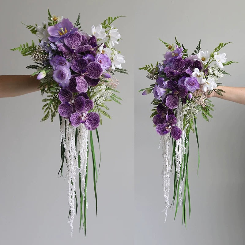 ValarFlower Artificial Bridal Bouquet, Cascading Orchid Wedding Bouquet with Tropical Flowers & Greenery for Elegant Bride Decor VB-321