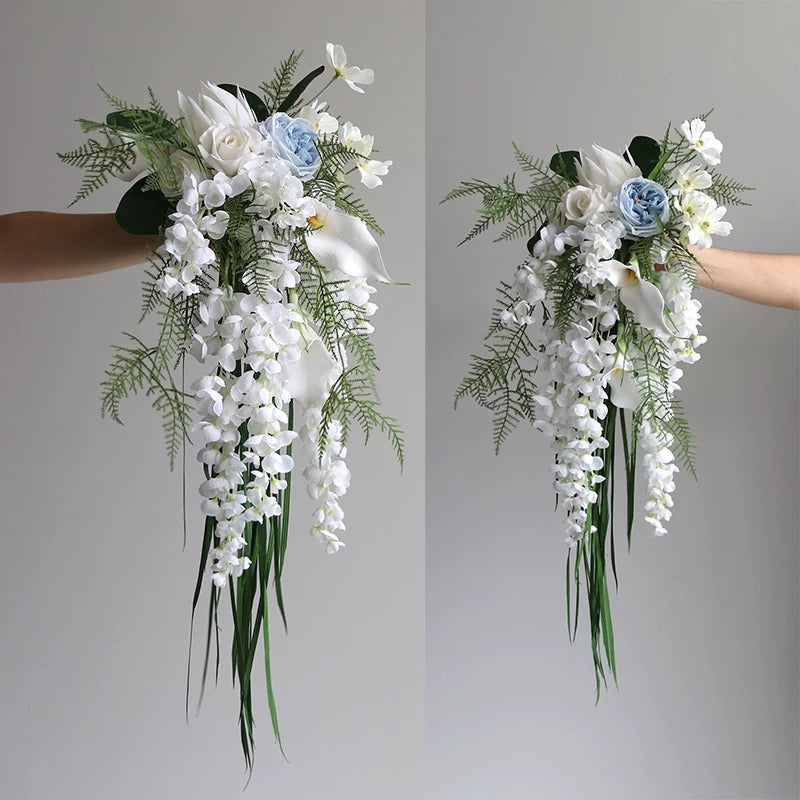 ValarFlower Artificial Bridal Bouquet, Cascading Greenery Wedding Bouquet with Orchid & Natural Style Faux Flowers for Bride Decor VB-320