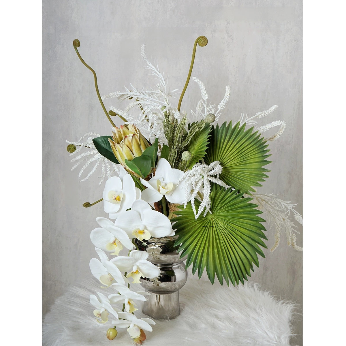 ValarFlower White Orchid Artificial Floral Arrangement, Modern Tropical Flower Decor with Green Palm Leaves VB-280