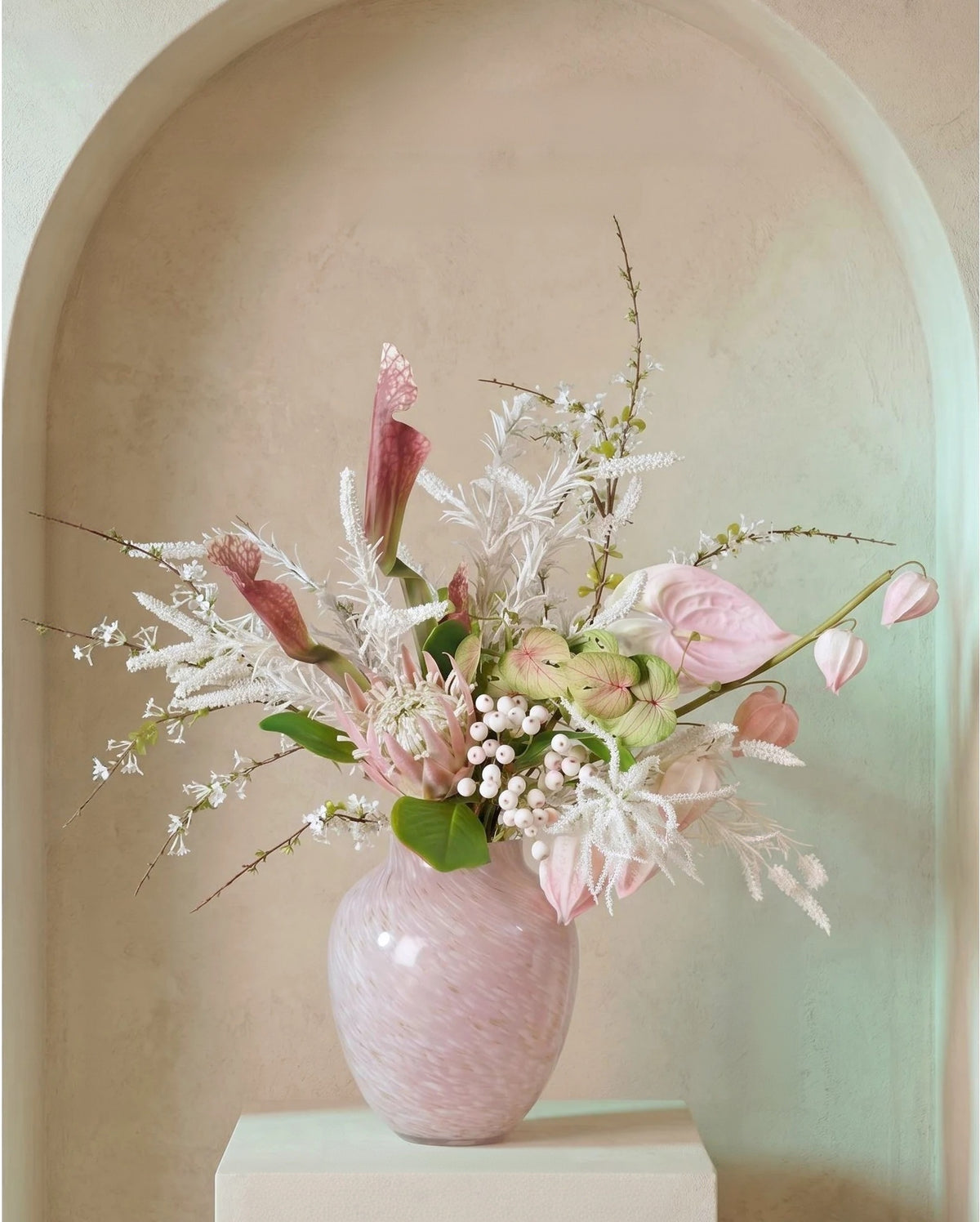 ValarFlower Soft Pink Artificial Flower Arrangement, Dreamy Anthurium Floral Decor for Wedding and Home VB-300