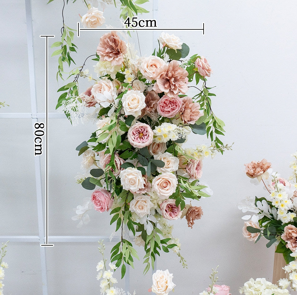 エレガントな青と白の花柄ウェディングアーチ、人工花のアレンジメント