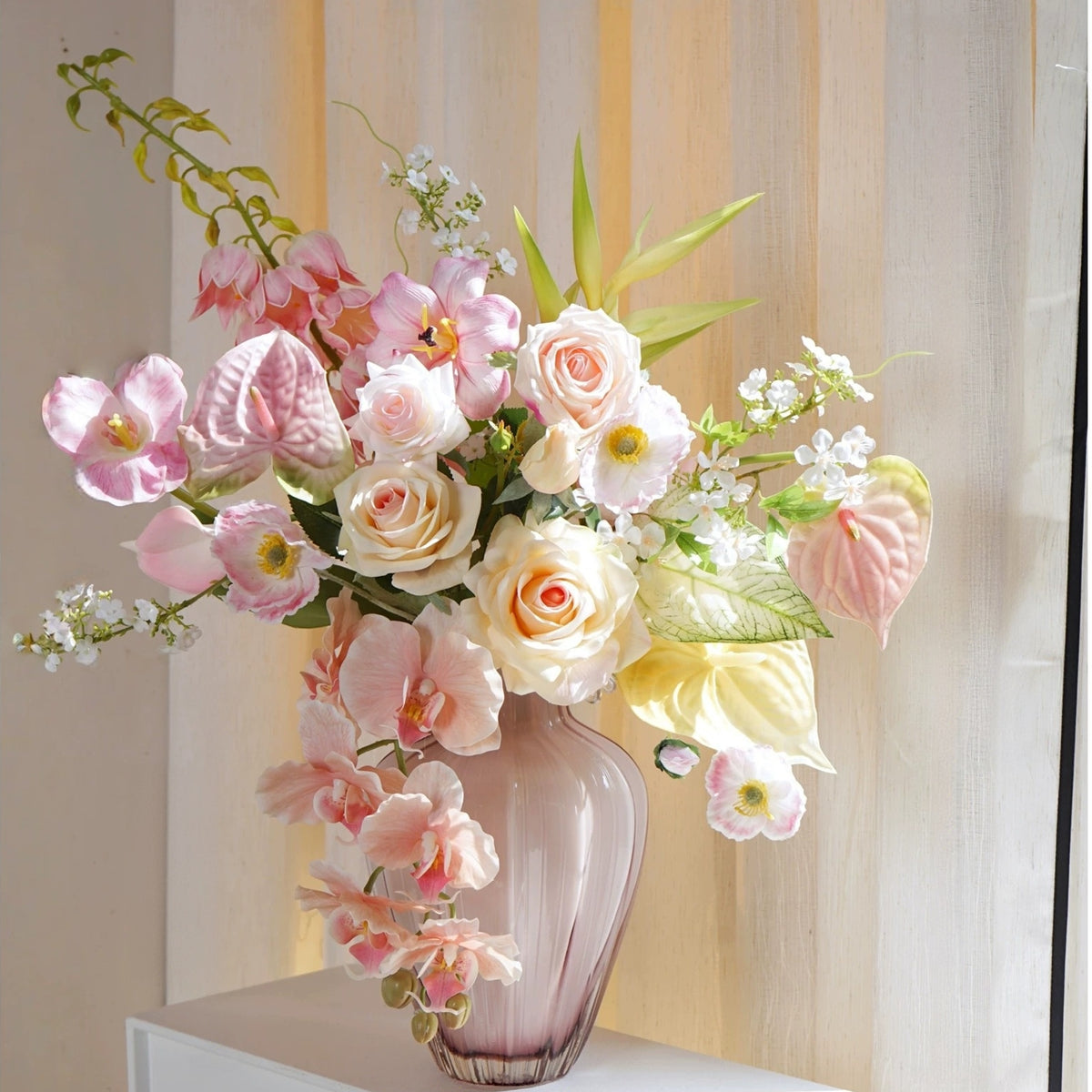 ValarFlower Pink Cream Artificial Floral Arrangement, Elegant Orchid and Rose Flower Decor for Wedding and Home VB-275