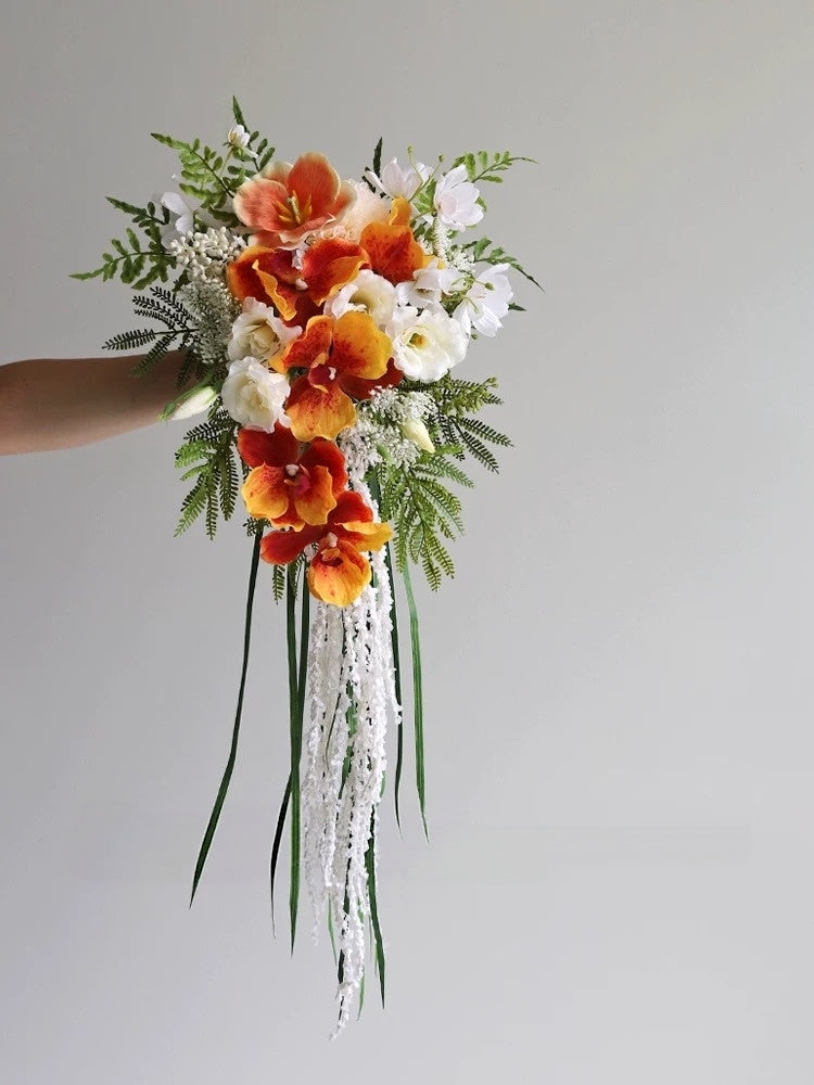 ValarFlower Artificial Bridal Bouquet, Cascading Orchid Wedding Bouquet with Tropical Flowers & Greenery for Elegant Bride Decor VB-321