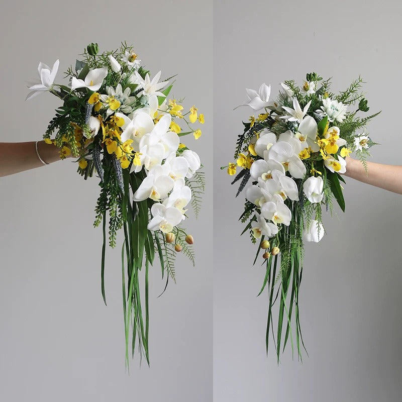 ValarFlower Artificial Bridal Bouquet, Cascading Greenery Wedding Bouquet with Orchid & Natural Style Faux Flowers for Bride Decor VB-320