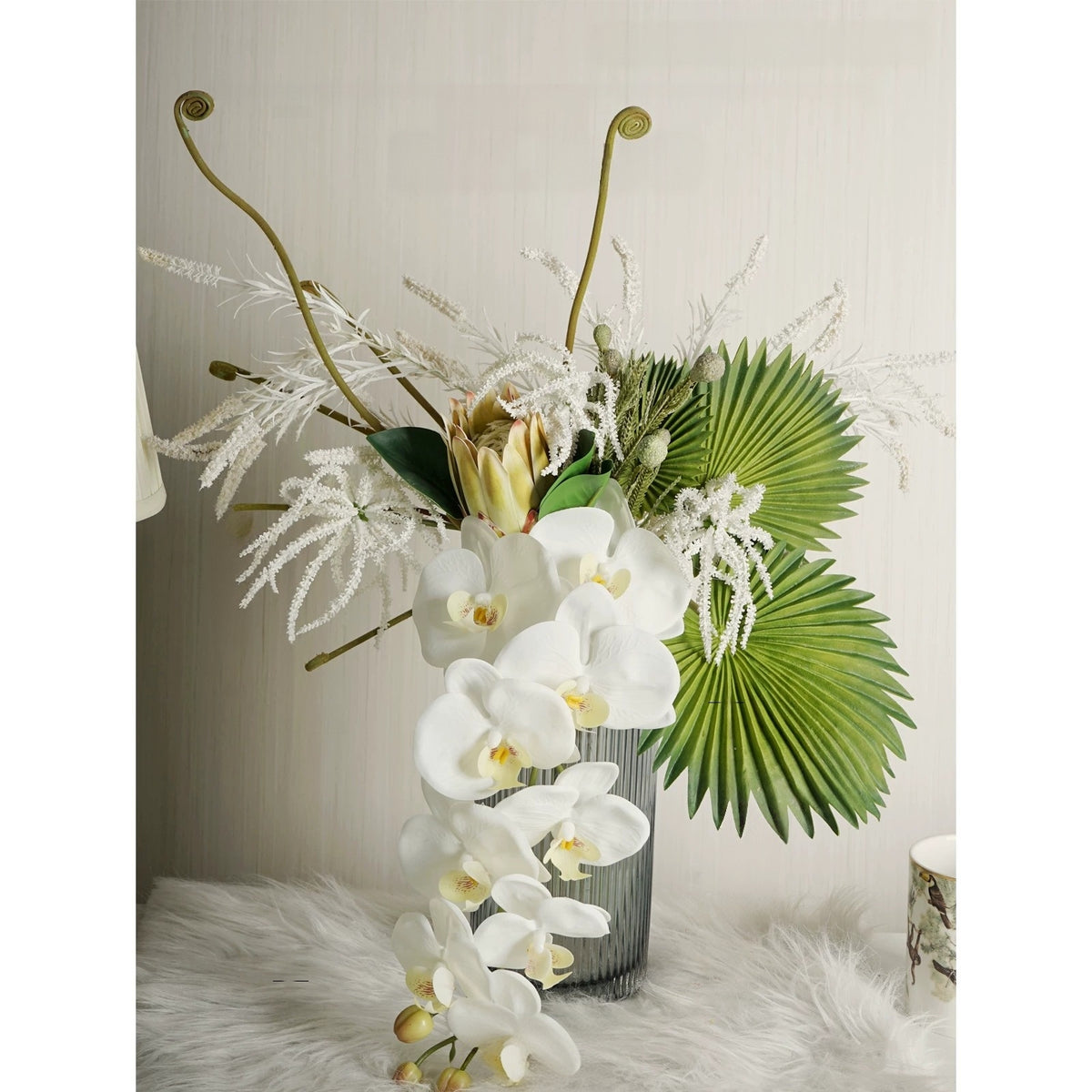 ValarFlower White Orchid Artificial Floral Arrangement, Modern Tropical Flower Decor with Green Palm Leaves VB-280