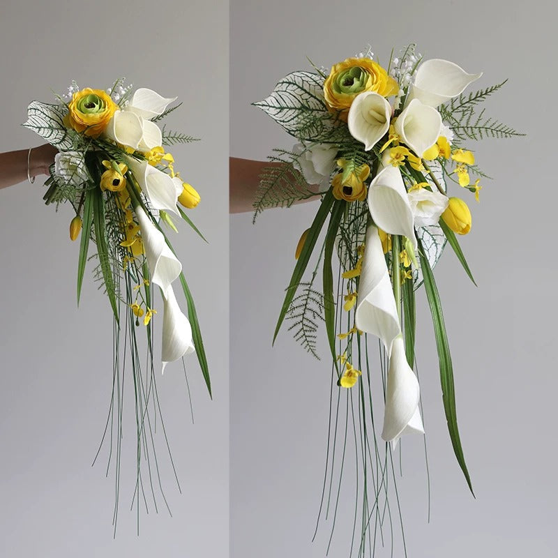 ValarFlower Artificial Bridal Bouquet, Cascading Greenery Wedding Bouquet with Orchid & Natural Style Faux Flowers for Bride Decor VB-320