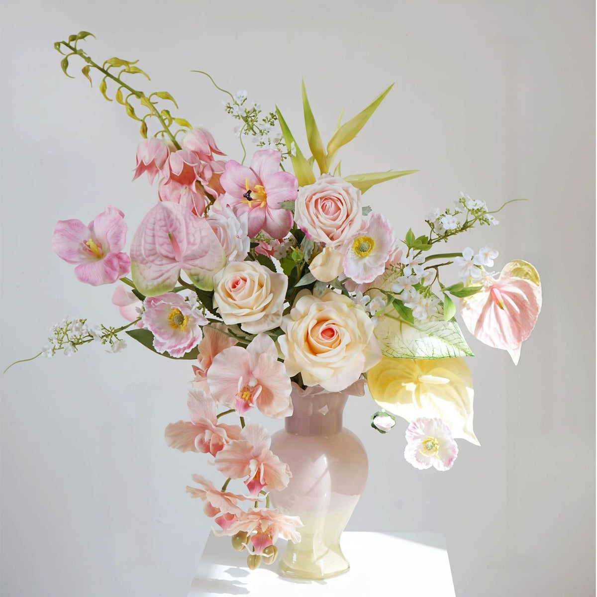 ValarFlower Pink Cream Artificial Floral Arrangement, Elegant Orchid and Rose Flower Decor for Wedding and Home VB-275