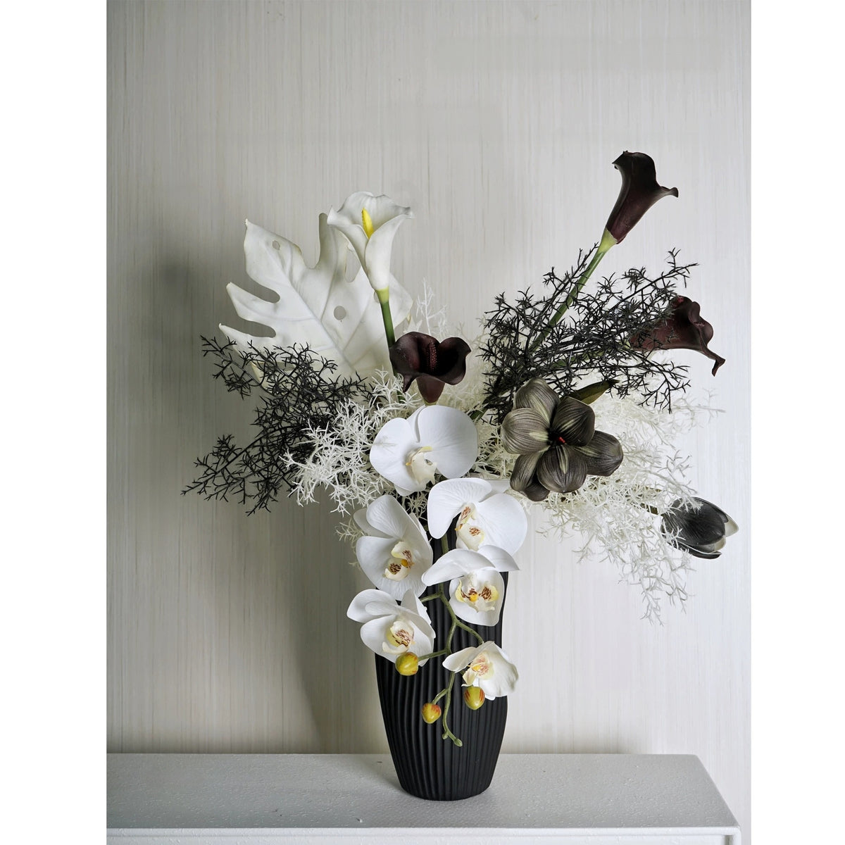 ValarFlower Black White Artificial Orchid Flower Arrangement, Modern Calla Lily Floral Decor for Wedding and Home VB-279