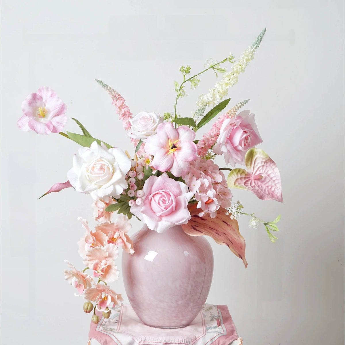 ValarFlower Pink Cream Artificial Floral Arrangement, Elegant Orchid and Rose Flower Decor for Wedding and Home VB-275