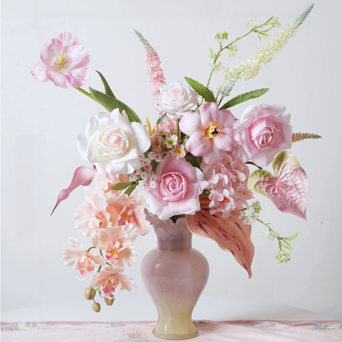 ValarFlower Pink Cream Artificial Floral Arrangement, Elegant Orchid and Rose Flower Decor for Wedding and Home VB-275