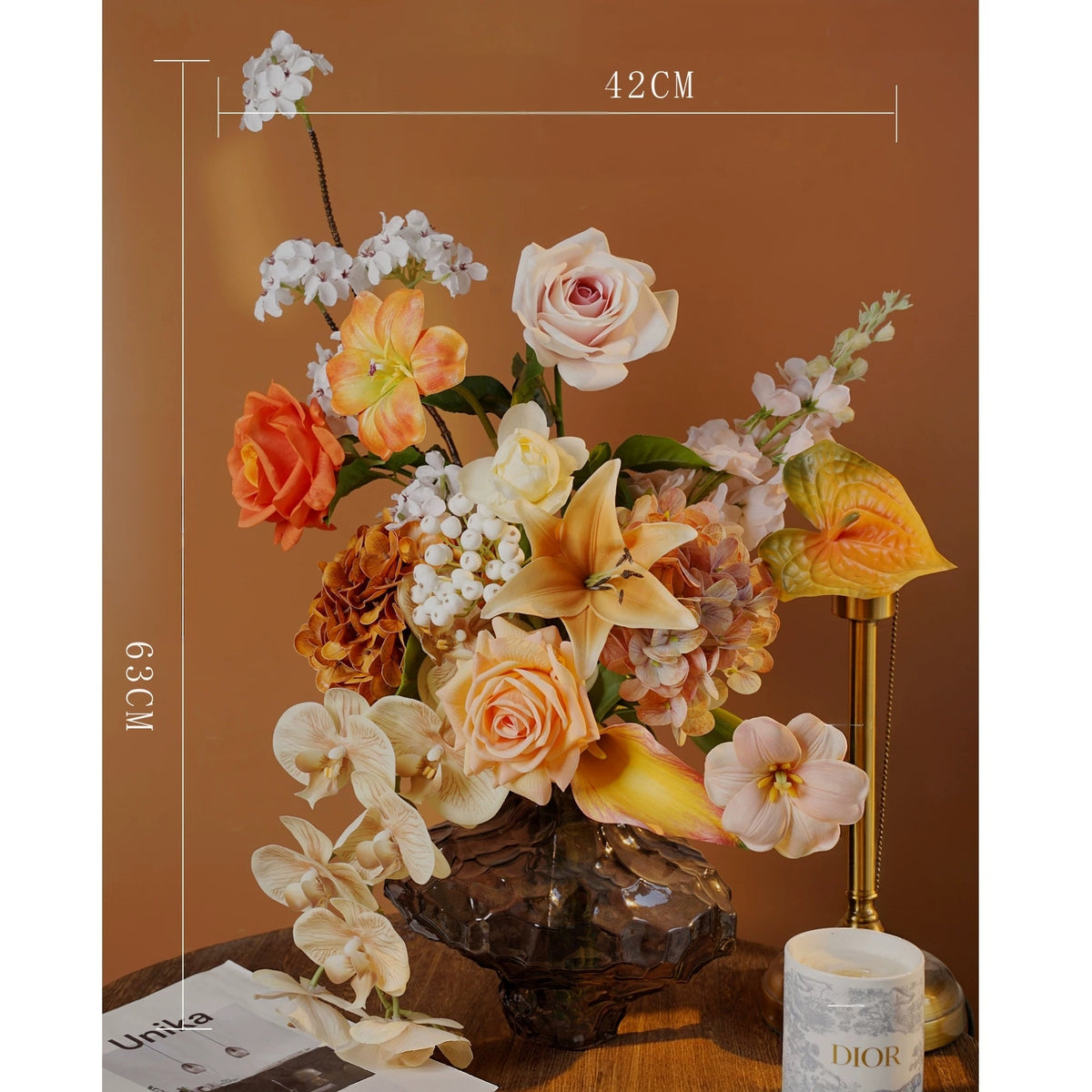 ValarFlower Golden Orange Artificial Flower Arrangement, Tropical Orchid Rose Floral Decor for Home and Event Styling VB-292