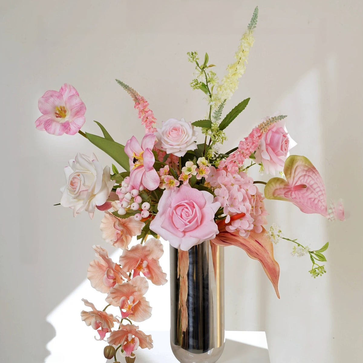 ValarFlower Pink Cream Artificial Floral Arrangement, Elegant Orchid and Rose Flower Decor for Wedding and Home VB-275