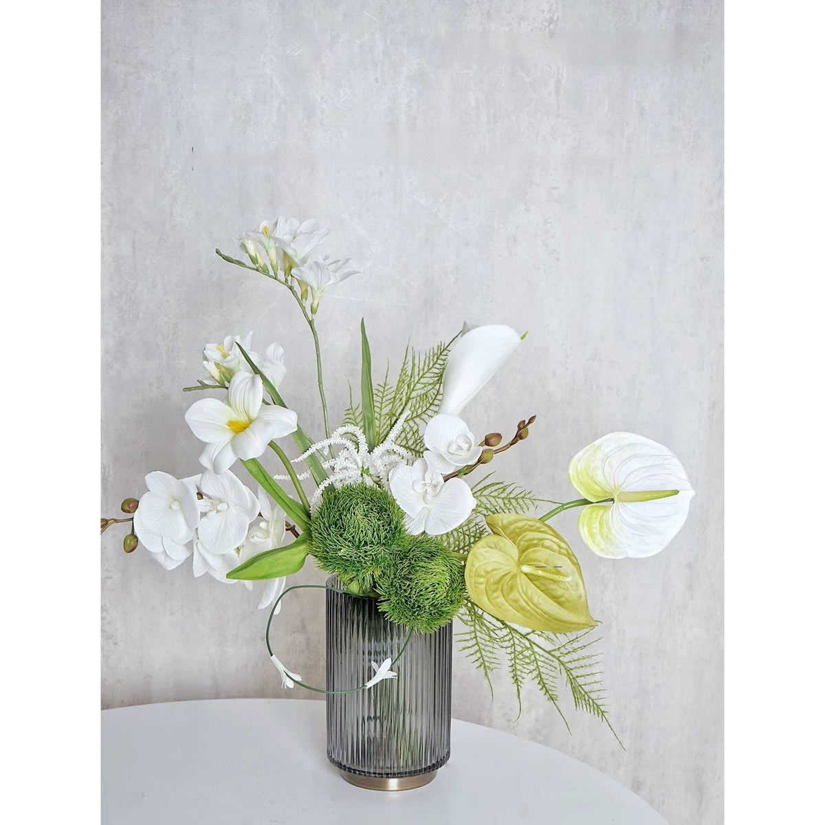 ValarFlower White Orchid Artificial Floral Arrangement, Modern Tropical Flower Decor with Green Palm Leaves VB-280