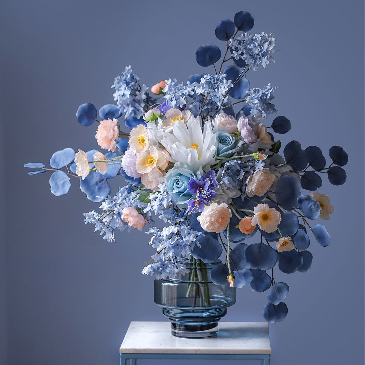 Prussian Blue Manor Dream Silk Floral Arrangement | Elegant Faux Flowers for Wedding & Interior Décor VB-100 (Without Vase)