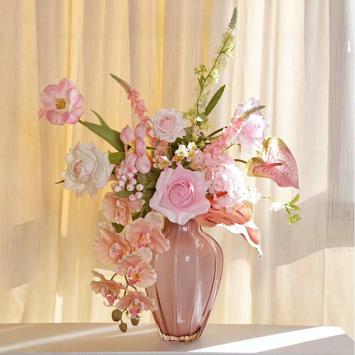 ValarFlower Pink Cream Artificial Floral Arrangement, Elegant Orchid and Rose Flower Decor for Wedding and Home VB-275