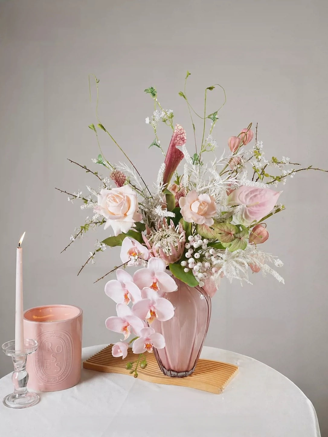 ValarFlower Soft Pink Artificial Flower Arrangement, Romantic Orchid Rose Floral Decor for Wedding and Home VB-301