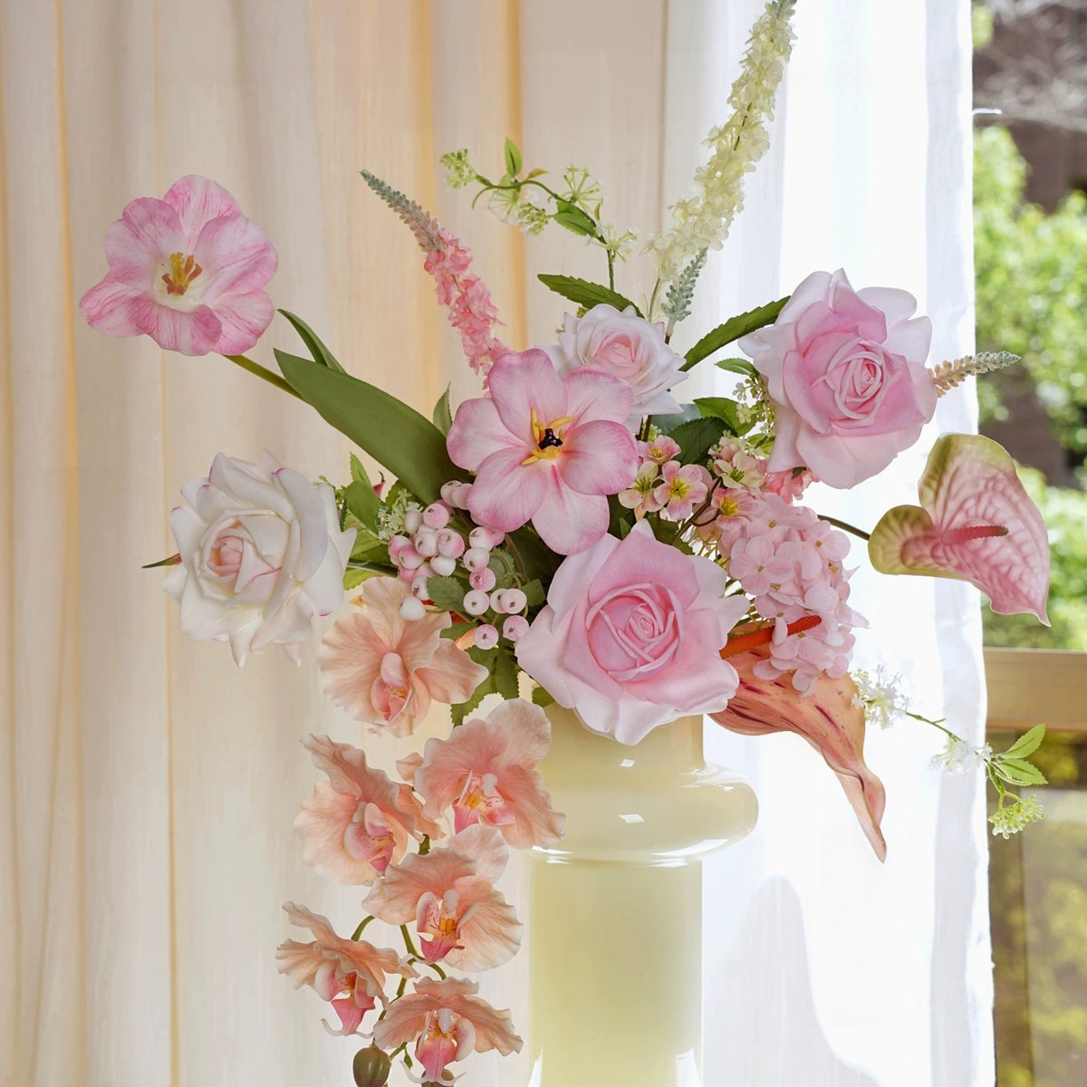 ValarFlower Pink Cream Artificial Floral Arrangement, Elegant Orchid and Rose Flower Decor for Wedding and Home VB-275