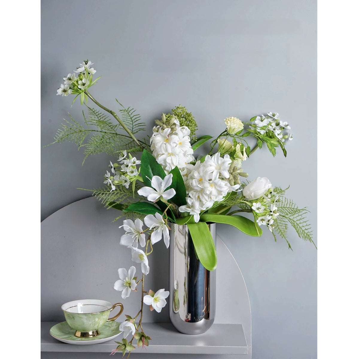 ValarFlower White Orchid Artificial Floral Arrangement, Modern Tropical Flower Decor with Green Palm Leaves VB-280