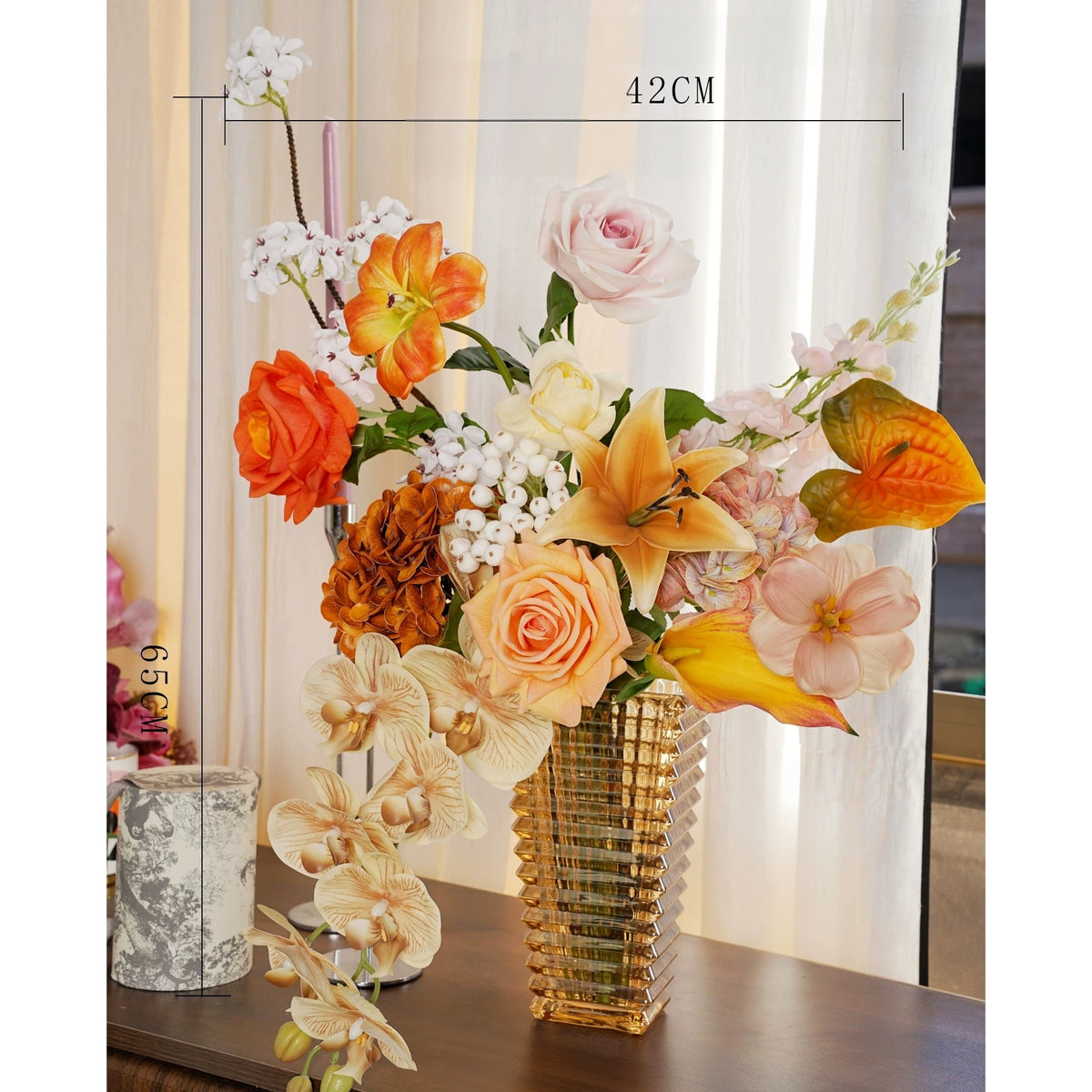 ValarFlower Golden Orange Artificial Flower Arrangement, Tropical Orchid Rose Floral Decor for Home and Event Styling VB-292
