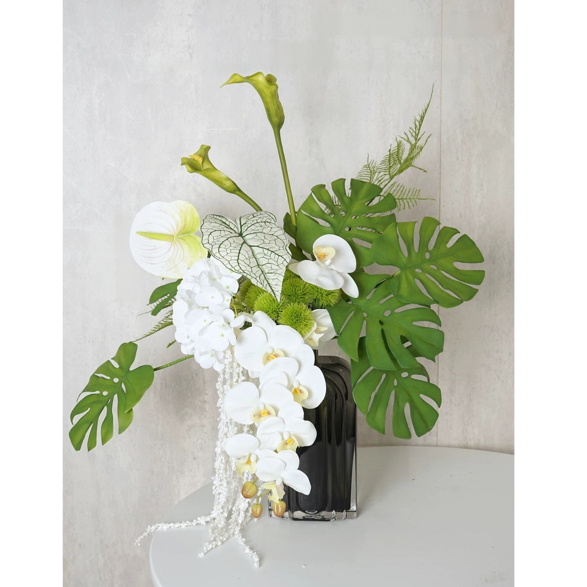 ValarFlower White Orchid Artificial Floral Arrangement, Modern Tropical Flower Decor with Green Palm Leaves VB-280