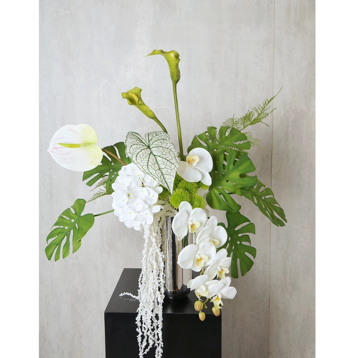 ValarFlower White Orchid Artificial Floral Arrangement, Modern Tropical Flower Decor with Green Palm Leaves VB-280