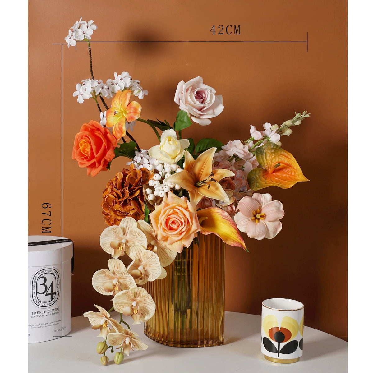 ValarFlower Golden Orange Artificial Flower Arrangement, Tropical Orchid Rose Floral Decor for Home and Event Styling VB-292