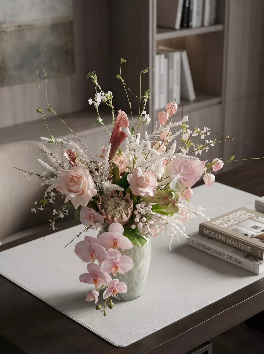 ValarFlower Soft Pink Artificial Flower Arrangement, Romantic Orchid Rose Floral Decor for Wedding and Home VB-301