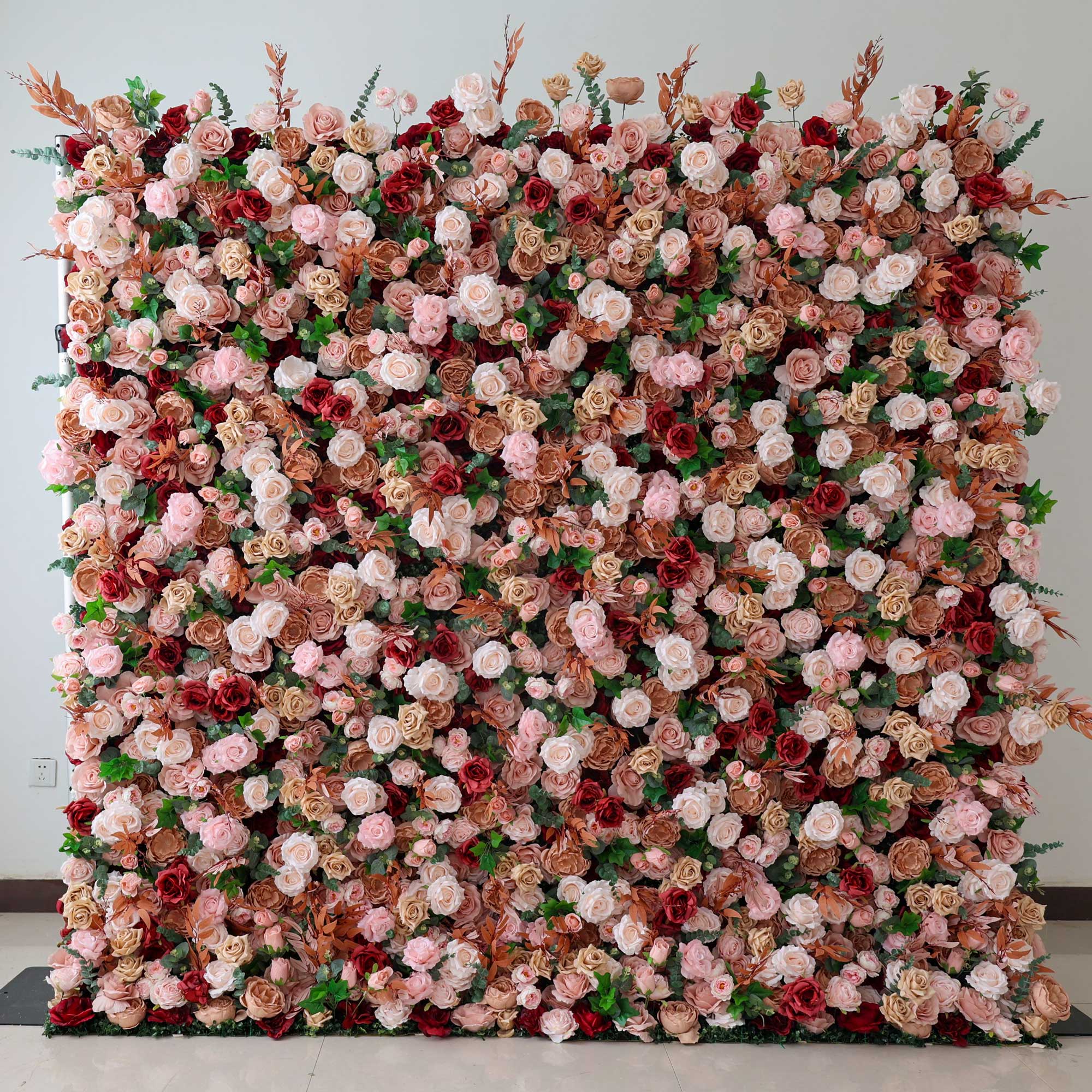 Handcrafted 5D artificial flower wall backdrop with a mix of blush, cream, earthy brown, and red roses, set against a light background. Ideal for weddings, rustic-themed events, and romantic settings.VF-405-1