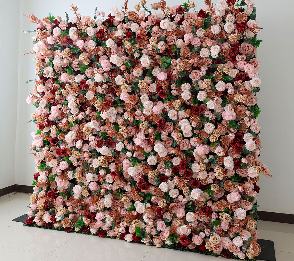 Handcrafted 5D artificial flower wall backdrop with a mix of blush, cream, earthy brown, and red roses, set against a light background. Ideal for weddings, rustic-themed events, and romantic settings.VF-405-2