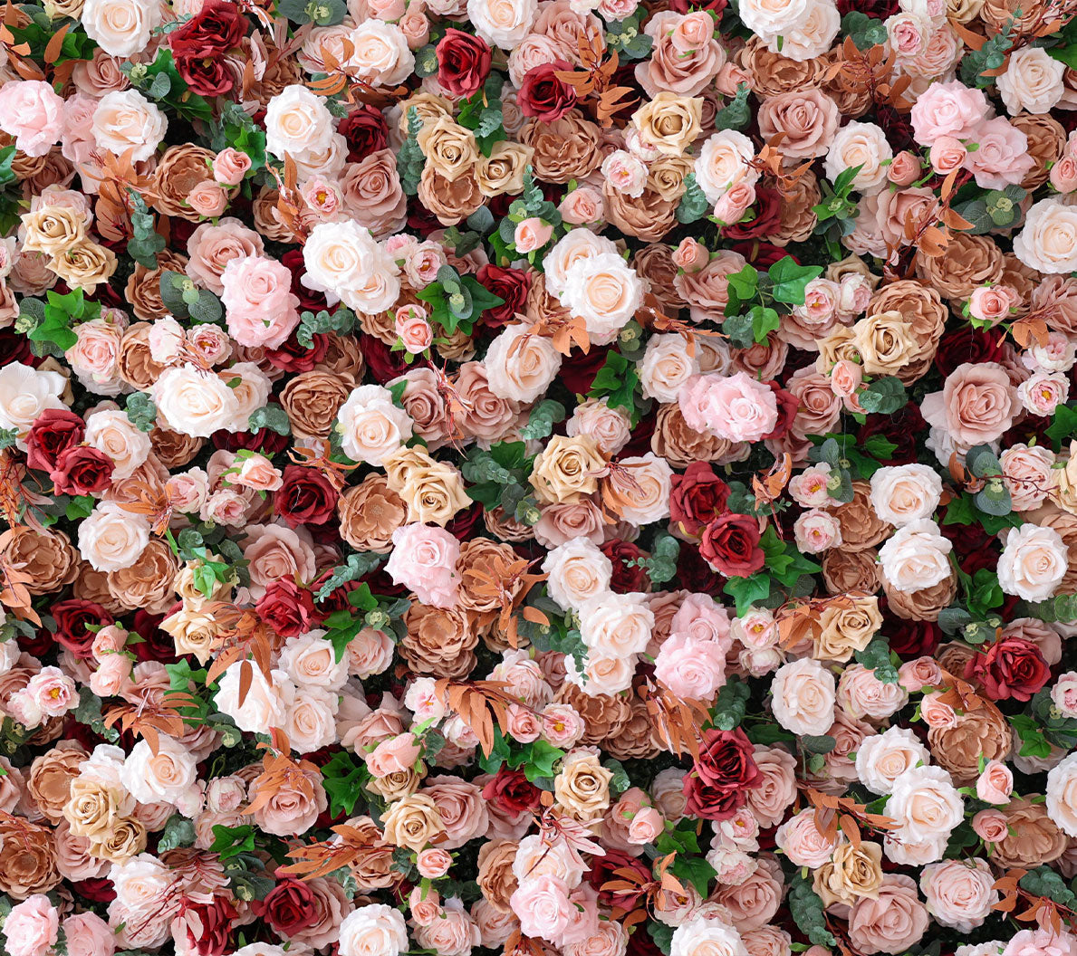 Handcrafted 5D artificial flower wall backdrop with a mix of blush, cream, earthy brown, and red roses, set against a light background. Ideal for weddings, rustic-themed events, and romantic settings.VF-405-5