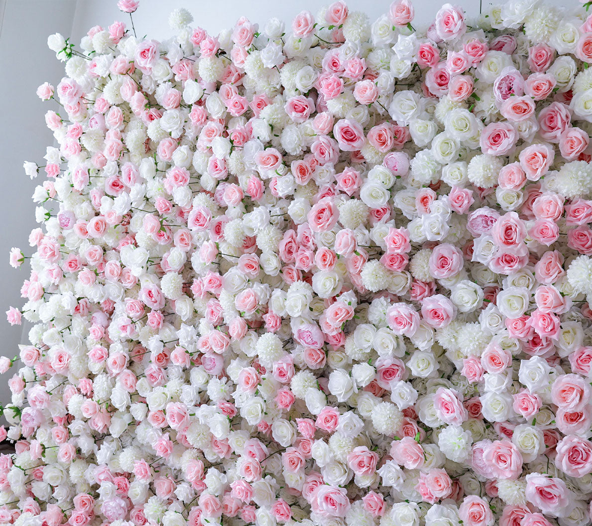 Handcrafted 5D artificial flower wall backdrop with soft pink and white roses against a light background. Perfect for weddings, romantic events, and photoshoots, adding a dreamy, elegant atmosphere.VF-409-2