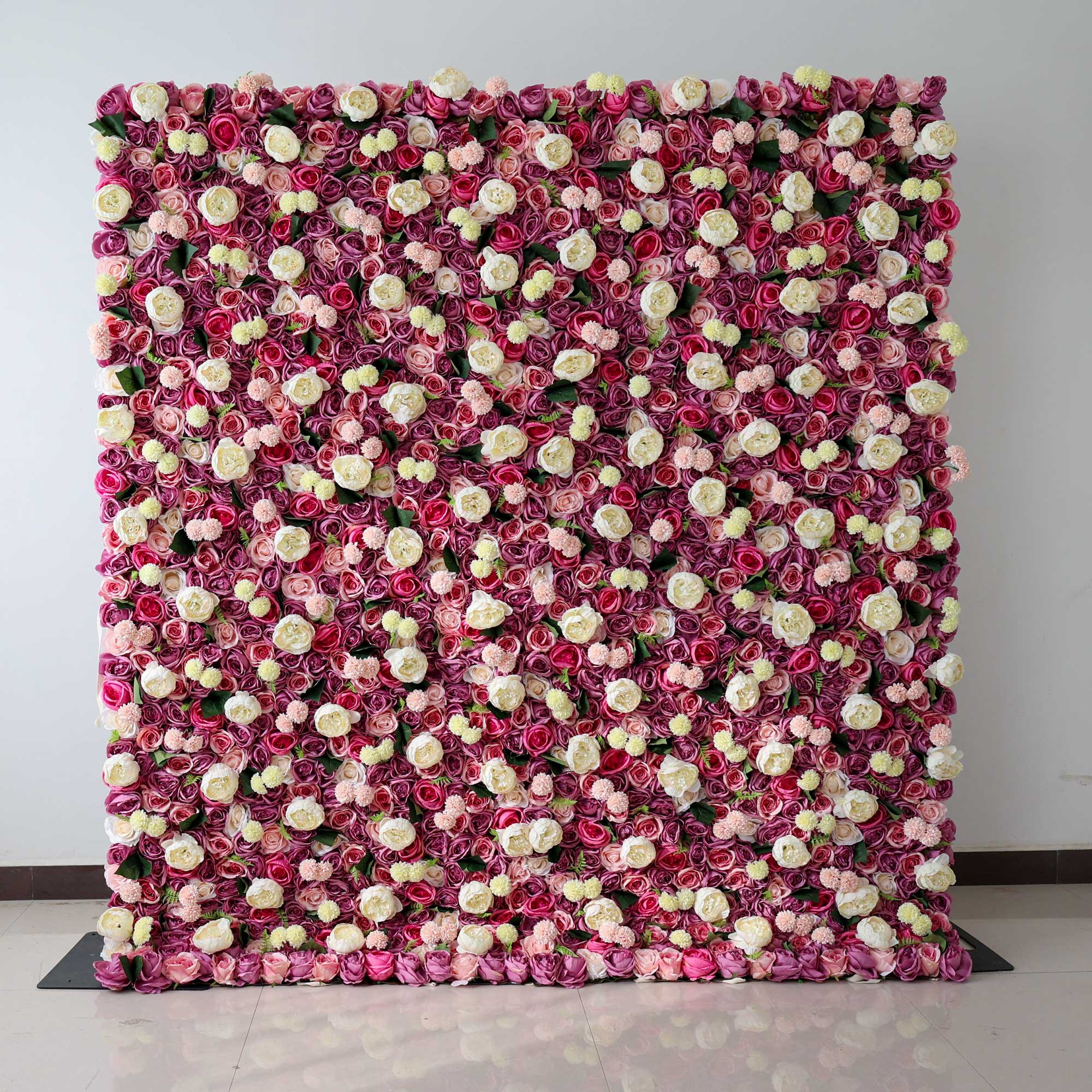 Handcrafted 5D artificial flower wall backdrop with a mix of pink, cream, and blush roses, accented with green leaves, set against a light background. Perfect for weddings, romantic events, and celebrations, creating a warm and inviting ambiance.VF-410-1