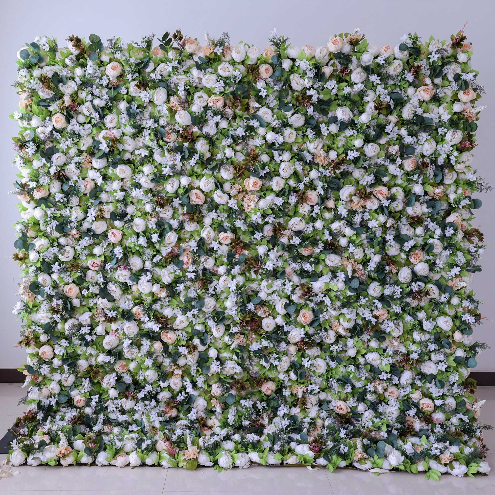 Handcrafted 5D artificial flower wall backdrop with white roses, cream blooms, and abundant greenery. Perfect for weddings, garden-themed events, and serene photo settings, adding a natural, elegant touch. VF-412-1