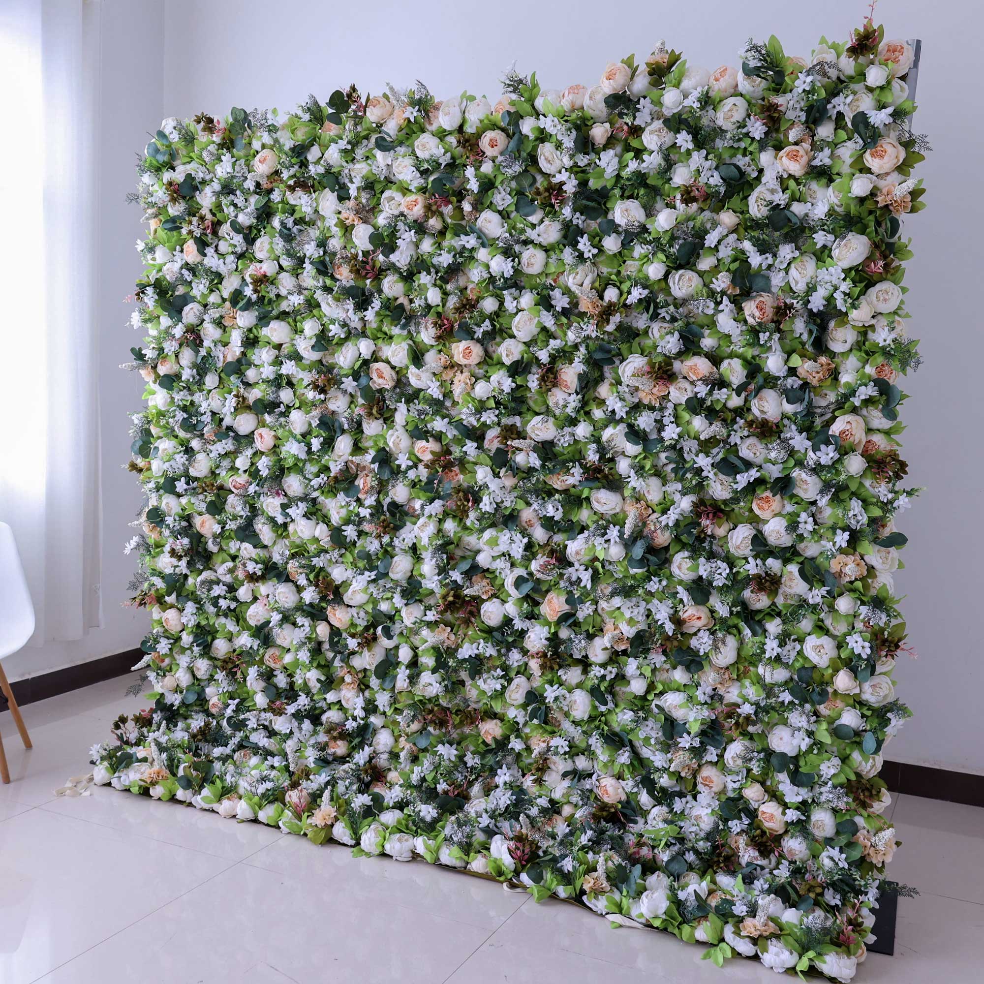 Handcrafted 5D artificial flower wall backdrop with white roses, cream blooms, and abundant greenery. Perfect for weddings, garden-themed events, and serene photo settings, adding a natural, elegant touch. VF-412-2