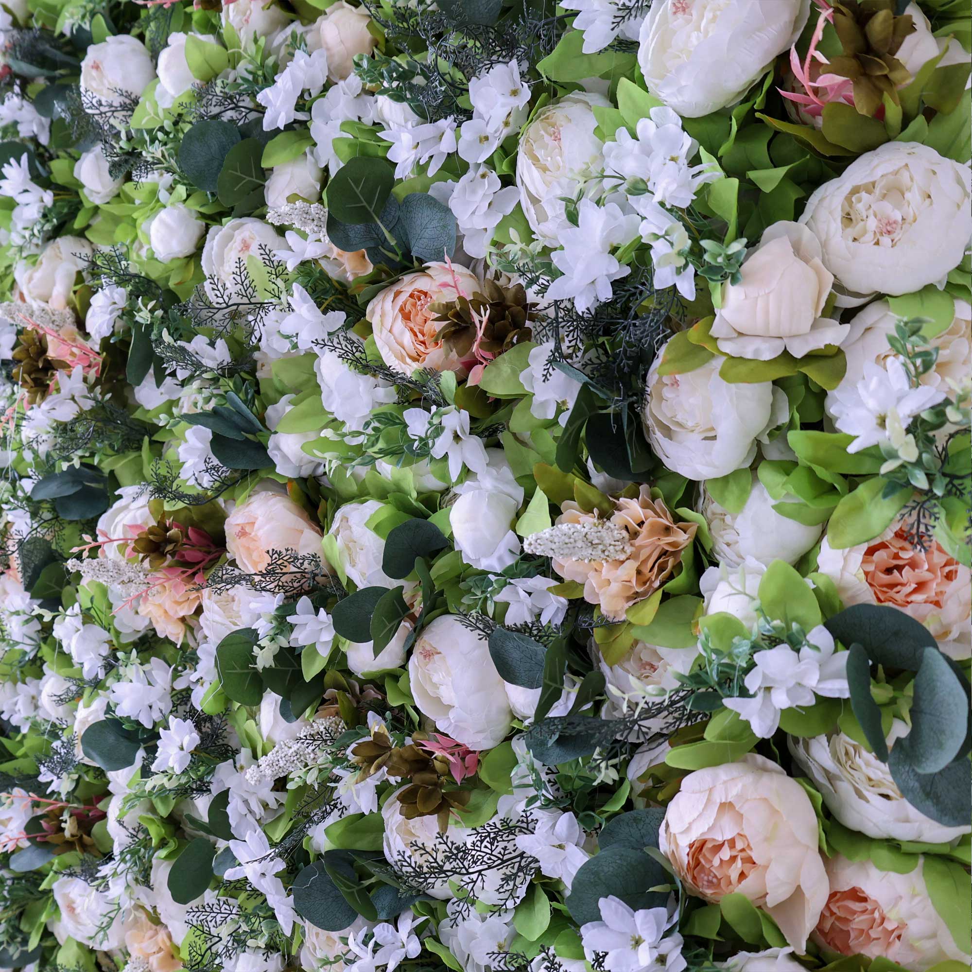 Handcrafted 5D artificial flower wall backdrop with white roses, cream blooms, and abundant greenery. Perfect for weddings, garden-themed events, and serene photo settings, adding a natural, elegant touch. VF-412-3