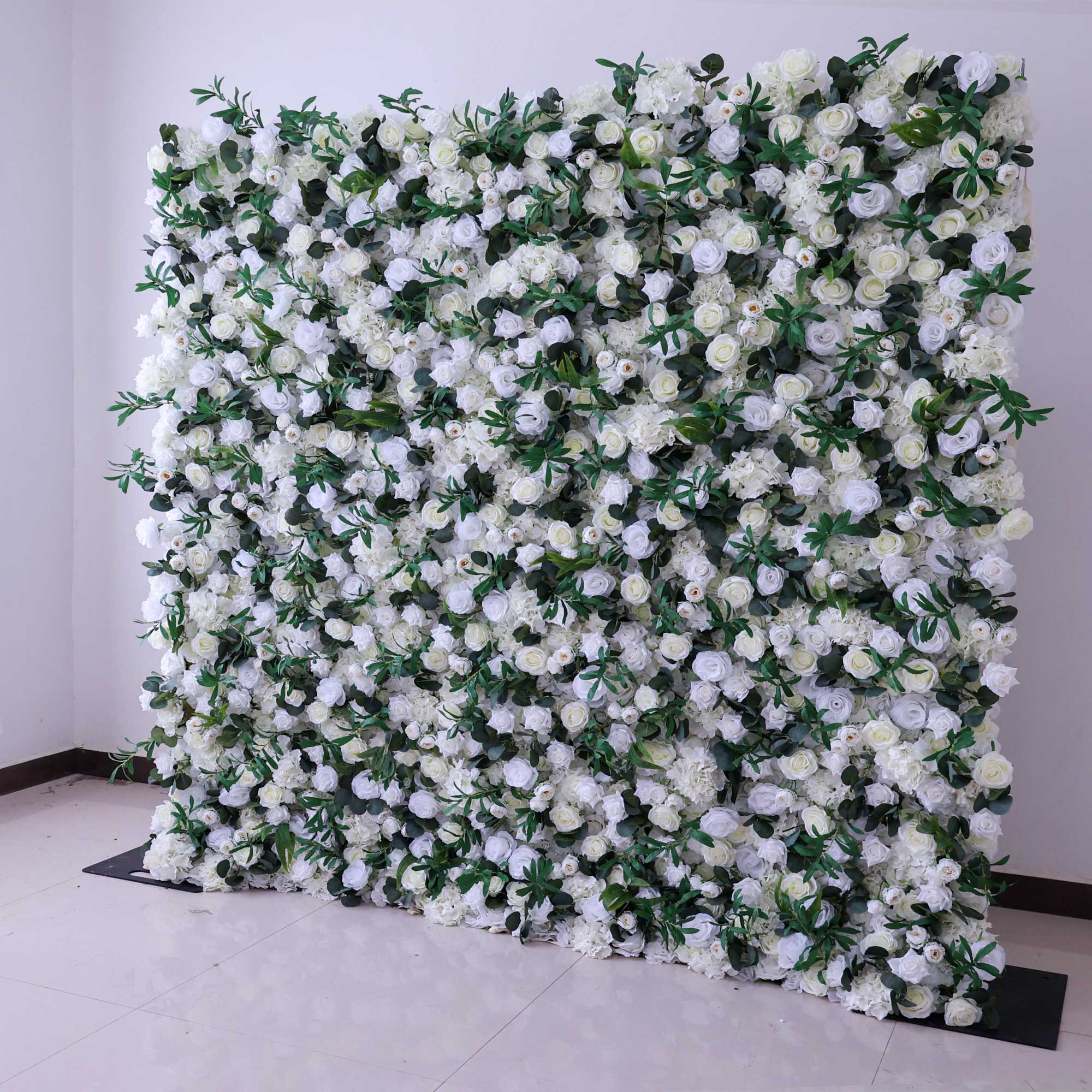 Handcrafted 5D artificial flower wall backdrop with white roses and lush green foliage, set against a light background. Ideal for weddings, elegant events, and photoshoots, adding a timeless and natural ambiance.VF-414-1