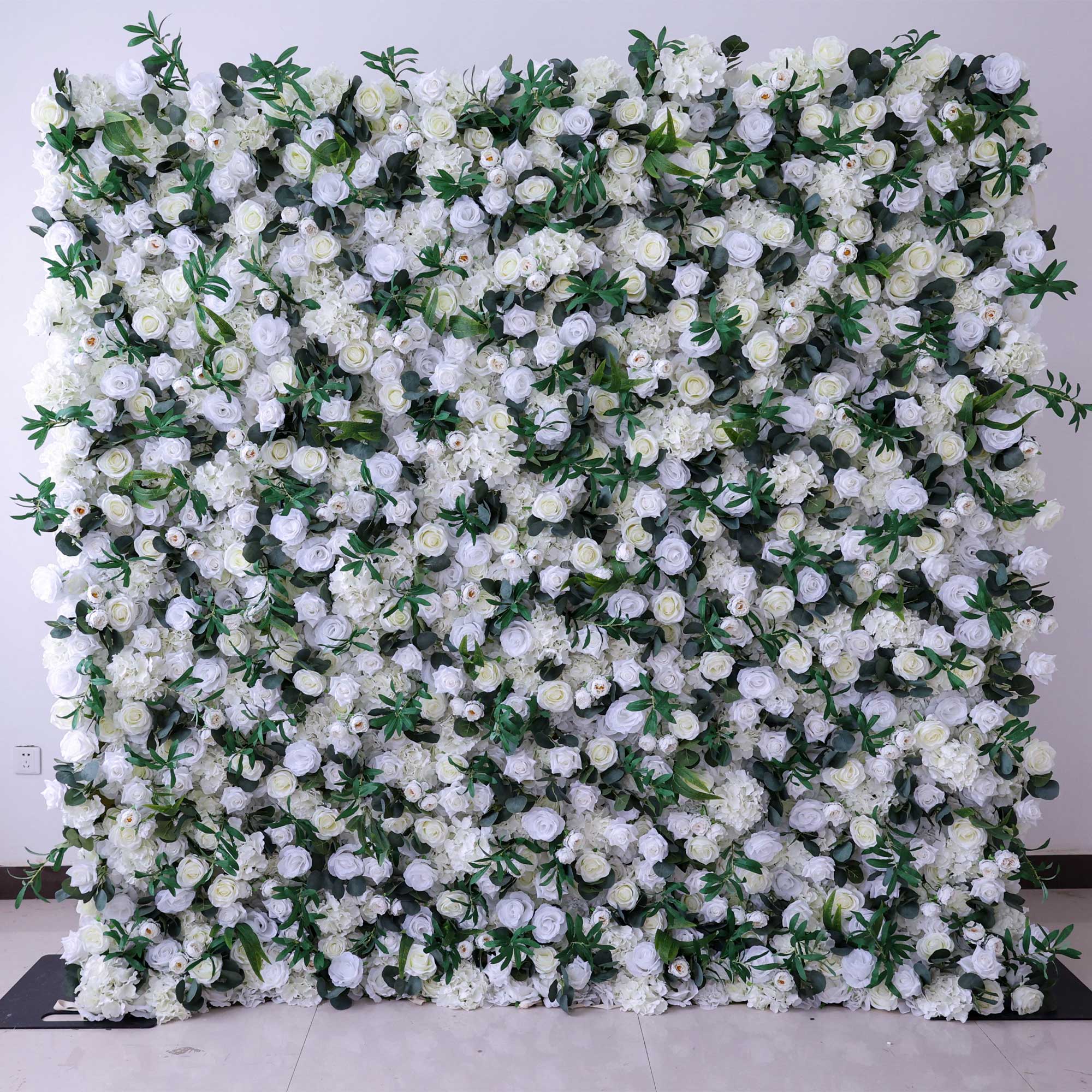 Handcrafted 5D artificial flower wall backdrop with white roses and lush green foliage, set against a light background. Ideal for weddings, elegant events, and photoshoots, adding a timeless and natural ambiance.VF-414-2