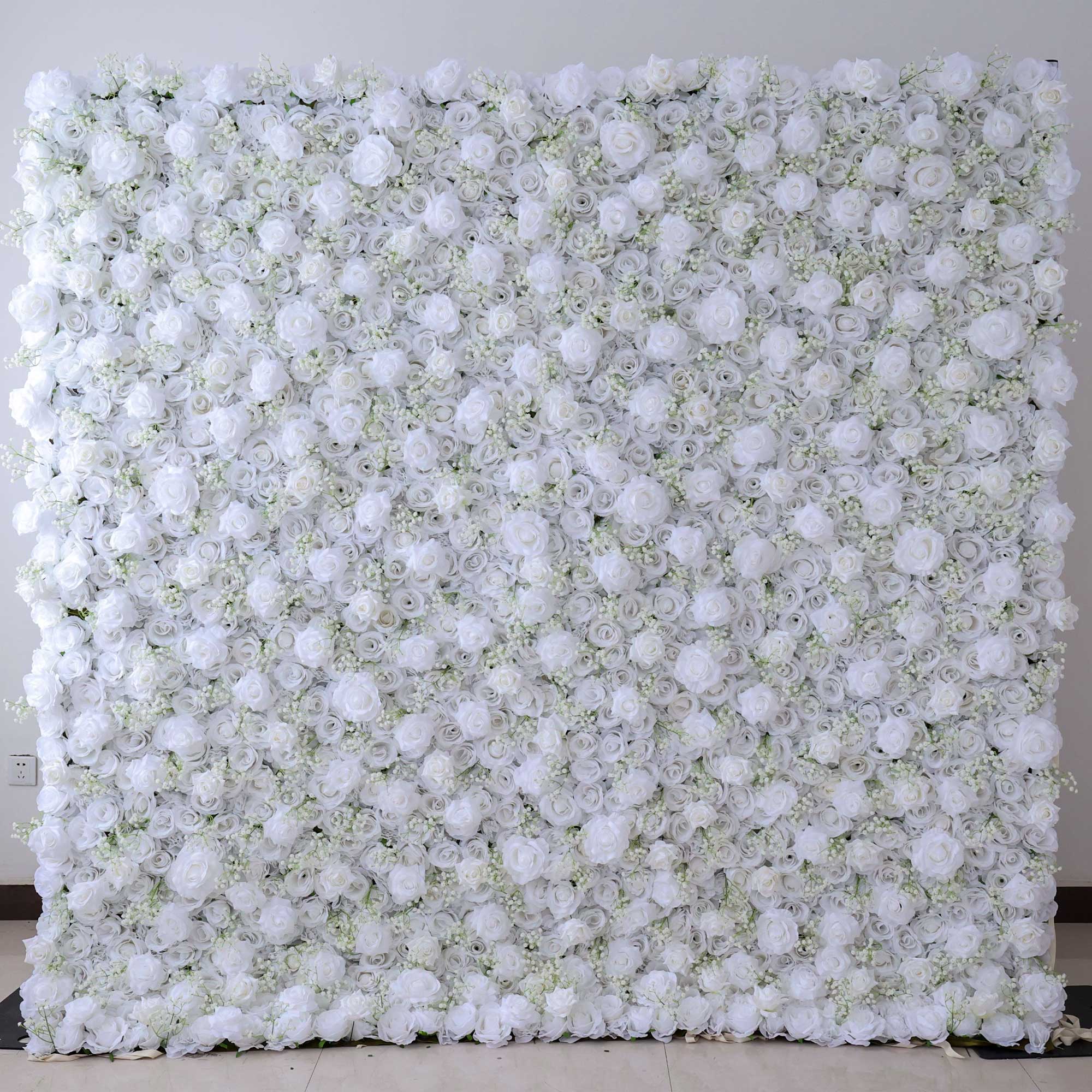 Handcrafted 5D artificial flower wall backdrop with pure white roses, set against a light background. Ideal for weddings, elegant events, and refined photo settings, adding a timeless, sophisticated ambiance.VF-417-1